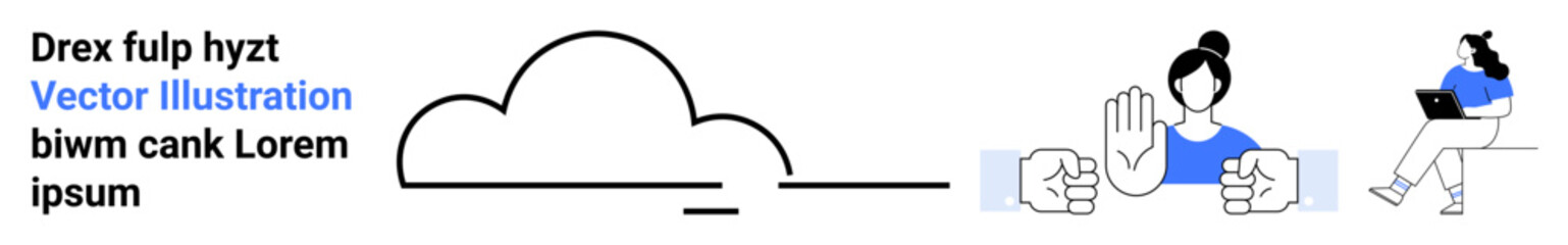 Cloud icon, woman sitting with laptop, hands in handshake and stopping gestures. Ideal for cloud computing, remote work, collaboration, connectivity, technology, digital communication, business