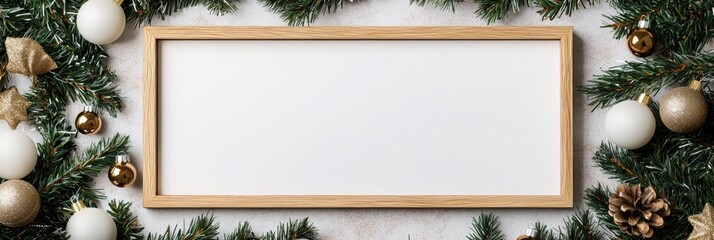 A decorative wooden frame surrounded by festive green foliage and ornaments, perfect for holiday-themed displays.