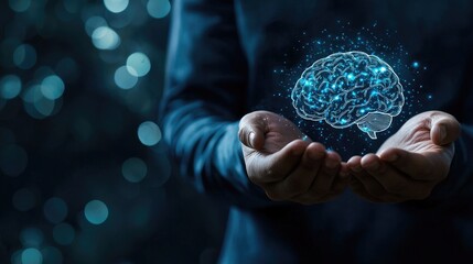 Businessman holding a glowing brain in his hands against a dark blue background with bokeh, a business concept for artificial intelligence 