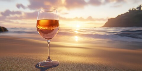Sunset Beach Scene with a Glass of Rose Wine on the Shore, Capturing the Relaxing Vibes of Summer Evenings and Tranquil Ocean Views, Perfect for Travel and Lifestyle Themes