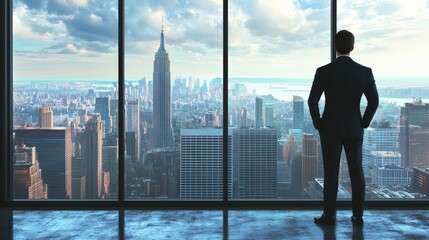 Fototapeta premium A Man in a Suit Standing Before a Window Looking Over a Cityscape
