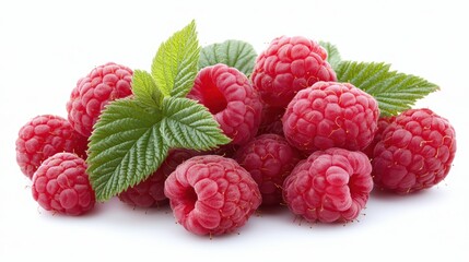 Fresh and Juicy Raspberries with Green Leaves on White Background, Perfect for Healthy Food Photography and Culinary Presentations