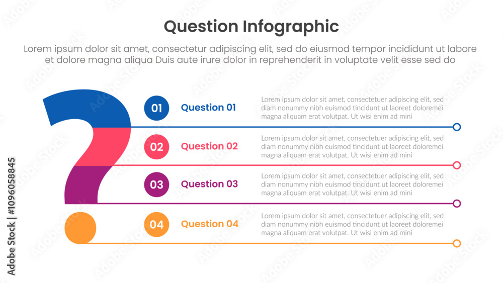 Poster question infographic template banner with big question mark and line bottom divider with 4 points fo