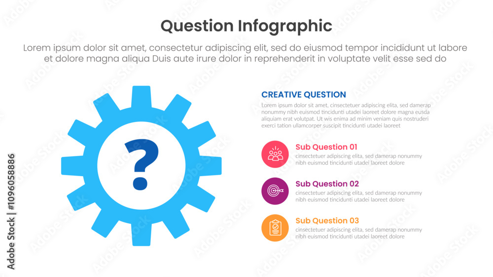Poster question infographic template banner with big gear and stack point list description with 3 points fo
