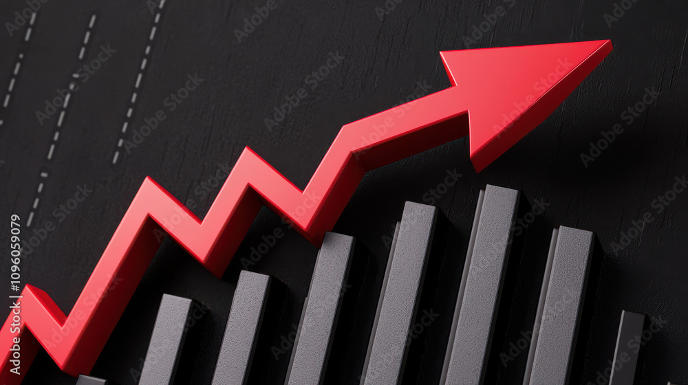 Poster 3d red graph arrow pointing up on black background, symbolizing growth and success. design features 