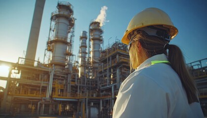 Fototapeta premium A worker in a safety helmet observes an industrial facility with smoke emissions.