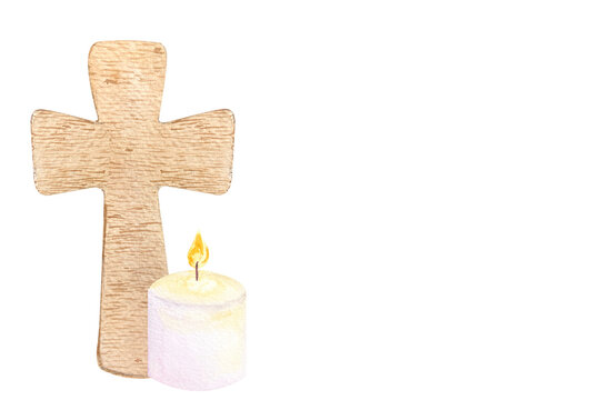 Wooden cross and a candle watercolor horizontal card isolated on white. Textured clip art perfect for banners, invitations, stickers, posters, Easter, Passover, christening, baptism decor and design