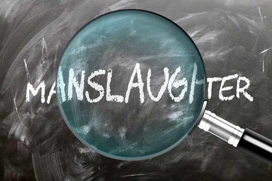 Manslaughter - learn, study and inspect it. Taking a closer look at manslaughter. A magnifying glass enlarging word 'manslaughter' written on a blackboard ,3d illustration