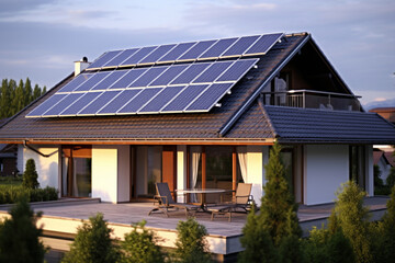 Fototapeta premium Solar panels producing energy on a roof of a clean residential house high resolution,. 