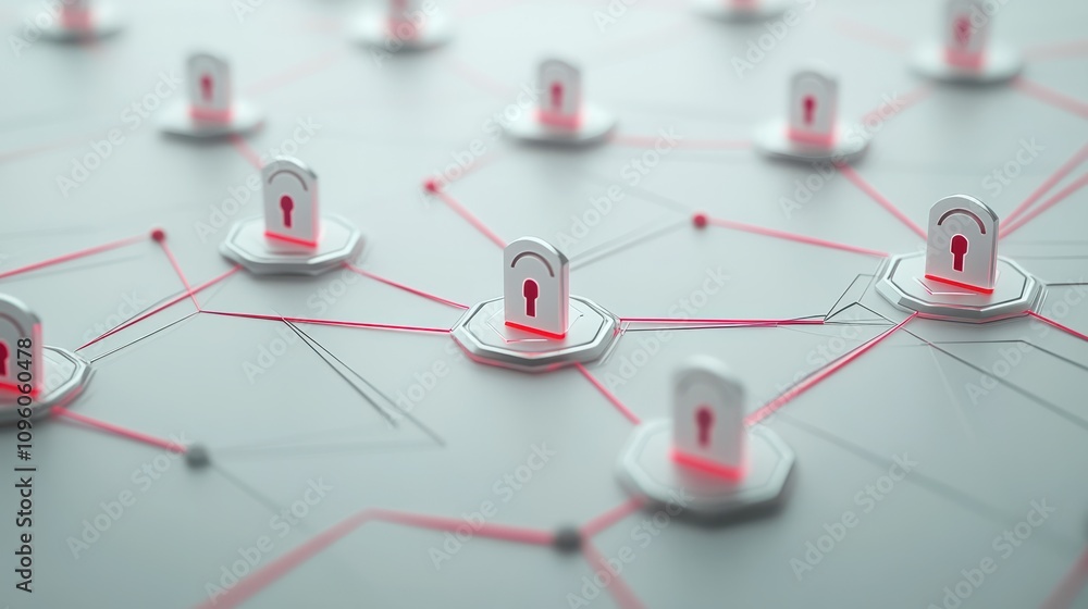 Poster digital security icons connected by lines on a white background. modern graphic layout symbolizing d
