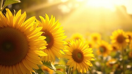 Fototapeta premium Soft sunlight filters through the delicate petals of sunflowers in a serene summer landscape background, countryside scene, rural landscape, golden hour