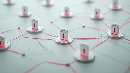 Digital security icons connected by lines on a white background. Modern graphic layout symbolizing data security and protection. 3D Rendering
