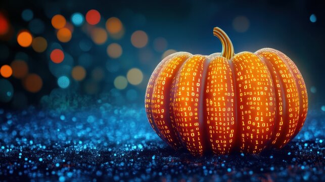 Digital Halloween Pumpkin With Binary Code on a Blue Festive Bokeh Background. Festive Illustration.