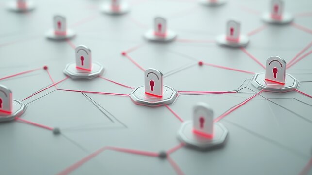 Digital security icons connected by lines on a white background. Modern graphic layout symbolizing data security and protection. 3D Rendering