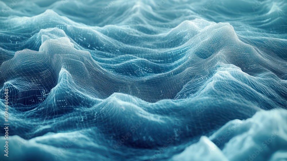 Poster digital wireframe waves with numerical data, blue technical background, visualization concept. 3d re