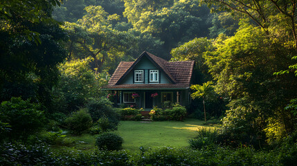 A Captivating Scene of a House Surrounded by Nature's Untamed Wilderness and Vibrant Wildlife