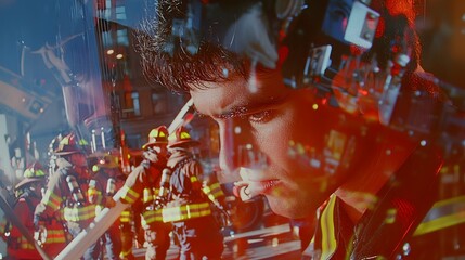 Close-up of a man's determined face, merged with an image of firefighters at a fire drill. Double Exposure.[men]:[Fire drill] 