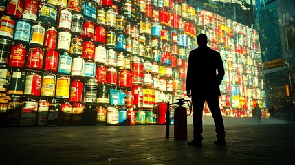 Man's silhouette with a superimposed image of fire extinguishers, indicating preparedness. Double Exposure.[men]:[Fire drill] 