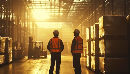 Two workers in safety gear observe a warehouse at sunset, highlighting industrial activity.