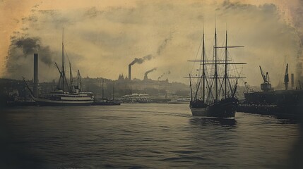 46. A vintage photo of a city harbor with ships and distant skyline