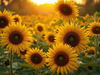 Fototapeta premium sunflower field at sunrise with bright yellow petals and vibrant green leaves, sunshine, yellow petals