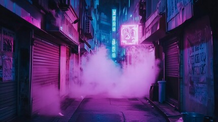 A neon-lit cyberpunk alley with glowing pink and blue signs, foggy atmosphere, and deserted streets, creating a mysterious and futuristic urban aesthetic