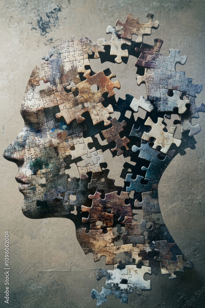 Poster An artistic depiction of a human head formed from interlocking puzzle pieces, showcasing a blend of colors and textures. This striking design symbolizes the complexity of thoughts and identity