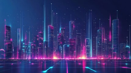 Fototapeta premium Futuristic cityscape at night with glowing neon lights and digital beams.