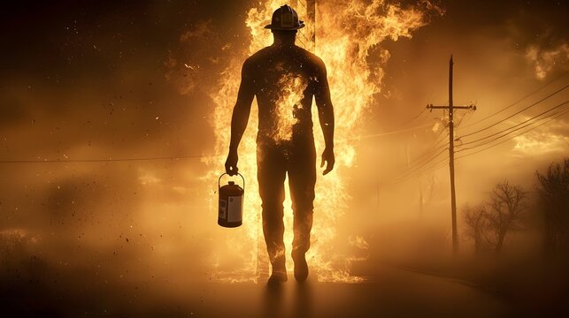 A man's body, with clothing elements like a fire extinguisher and a hard hat, superimposed over a burning electrical pole. Double Exposure.[men]:[Fire drill] 