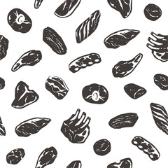 Seamless pattern with silhouette icons of meat cuts, wrapping paper design for butcher shop, barbecue restaurant menu template