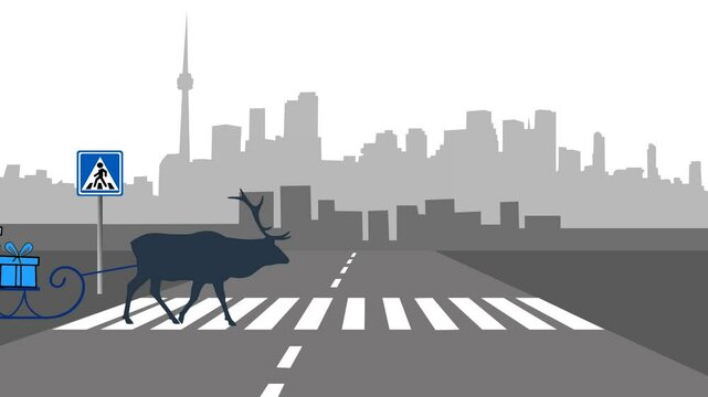 Christmas animation with cityscape and reindeer delivering gifts to children (animation, seamless loop)