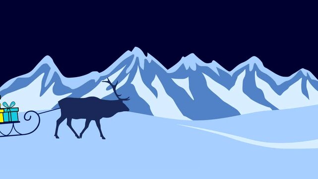 Christmas animation with winter landscape and reindeer delivering gifts to children (animation, seamless loop)
