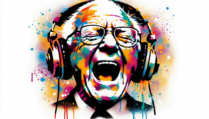 Elderly man in glasses and headphones, singing joyfully in graffiti-style art with bold, colorful splashes