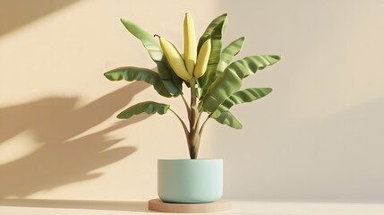 An Impressive 3D Rendering of a Balloon-like Banana Tree Sculpture in a Blue Clay Pot Against a Soft Beige Background