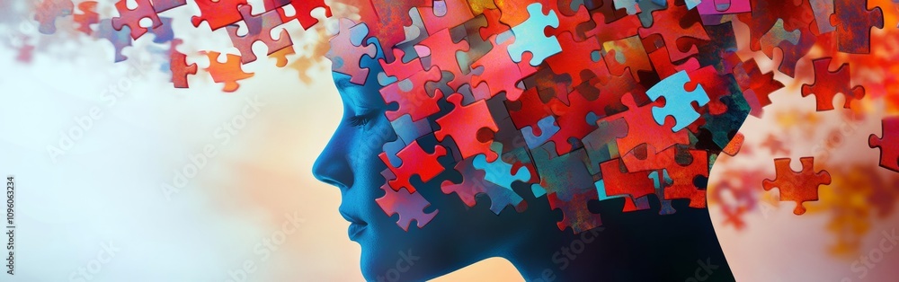 Poster a silhouette of a person with a head filled with colorful puzzle pieces, representing the complexity