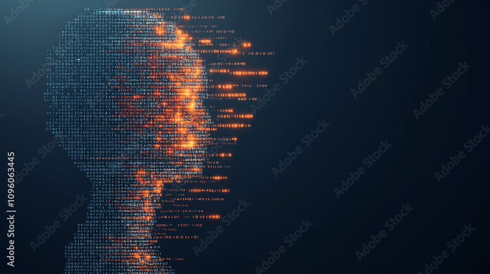 Poster digital mind: abstract profile of a human head formed by glowing digital data streams, symbolizing a