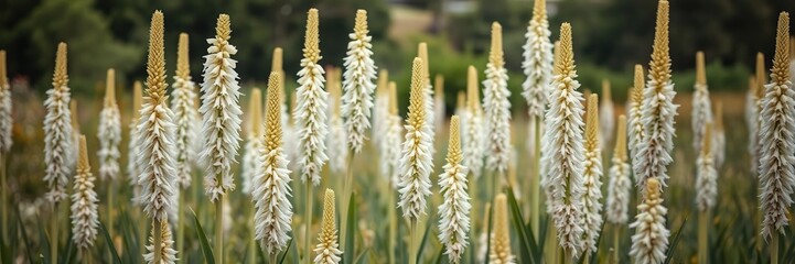 Tall white yucca flower stalks in a field, landscape feature, unique flowers, cactus family
