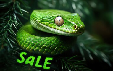 green snake with text "Sale" christmas background 