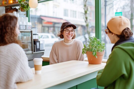 Happy young female freinds getting coffee at a local coffee shop.