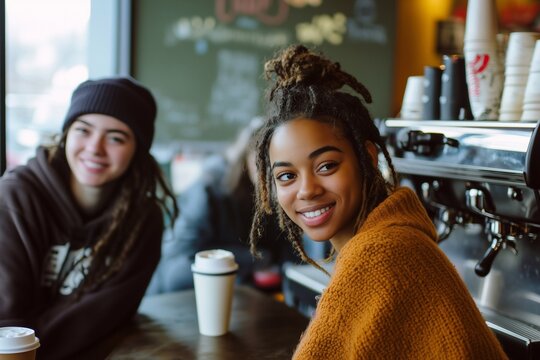 Happy young freinds getting coffee at a local coffee shop.