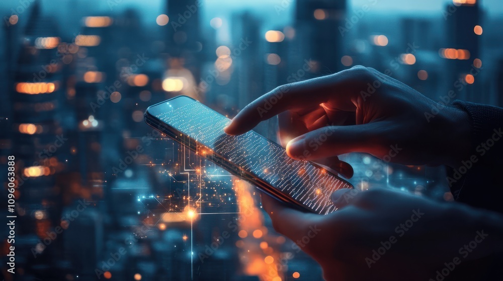 Poster hand using mobile smart phone, and wireless network connection technology in the city, with 5g inter
