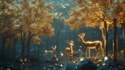 Fototapeta premium Deer family standing in tranquil woodland landscape B