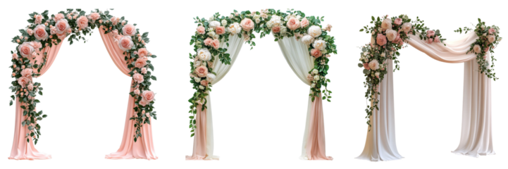 Set of Beautiful wedding flower arches with cloth isolated on a transparent background 