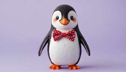 A cheerful penguin with a bright red bowtie, standing upright on a pastel lavender background.