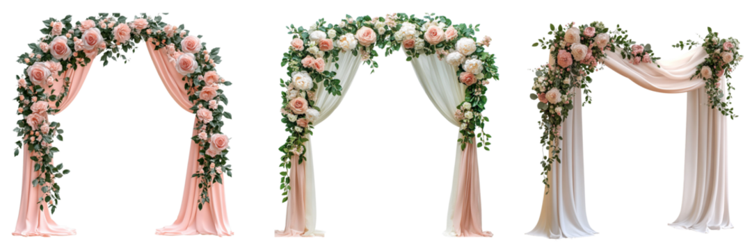 Set of Beautiful wedding flower arches with cloth isolated on a transparent background 