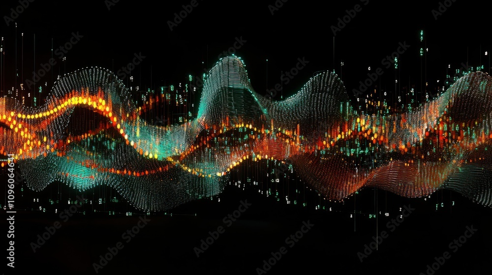 Aufkleber image of digital data processing and dna strands on black background