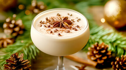Homemade Christmas eggnog a traditional festive drink often garnished with nutmeg with copy space image