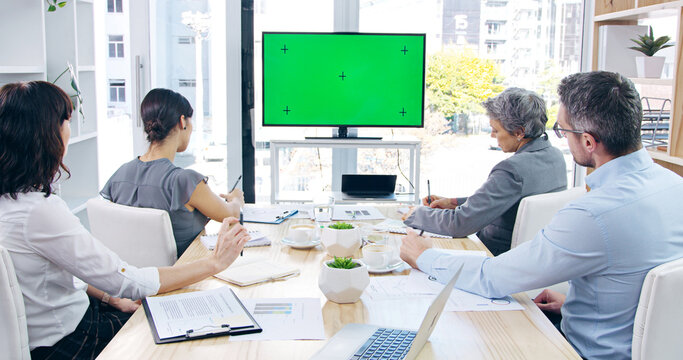 Green screen, meeting and video call with business people in boardroom of office for development. Mockup space, monitor and tracking markers in corporate workplace for upskill training or webinar