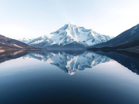 The snow-capped summit of Nanga Parbat perfectly mirrored on the surface of a calm and serene lake, lake reflection, serenity, outdoor scene