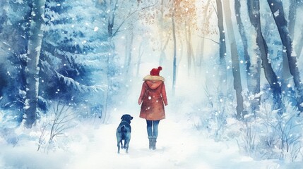 Watercolor painting of woman in winter forest with dog. Christmas mood.